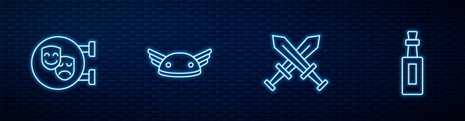 Obraz premium Set line Crossed medieval sword, Comedy and tragedy masks, Helmet with wings and Bottle of olive oil. Glowing neon icon on brick wall. Vector