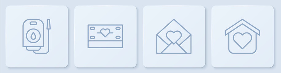 Set line Blood donation, Envelope with Valentine heart, Donation and charity and Shelter for homeless. White square button. Vector