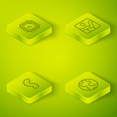 Set Isometric line Graph chart infographic, Virus, Earth globe and Processor CPU icon. Vector