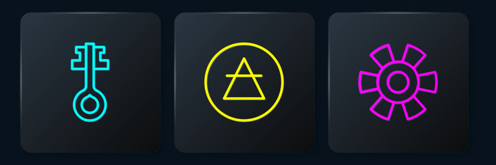 Set line Old magic key, Sun and Air element. Black square button. Vector