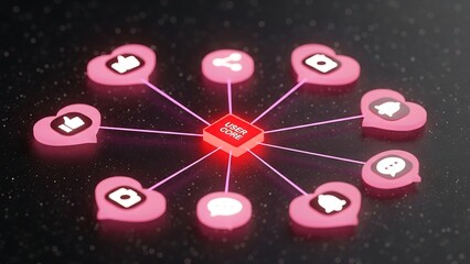 A glowing "USER CORE" tile is the heart of a digital network connected to various social media icons in heart-shaped nodes, symbolizing user-centric social networks and interactions.