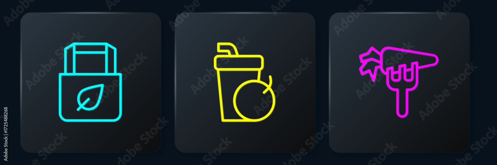 Poster set line shopping bag with recycle, carrot and fresh smoothie. black square button. vector