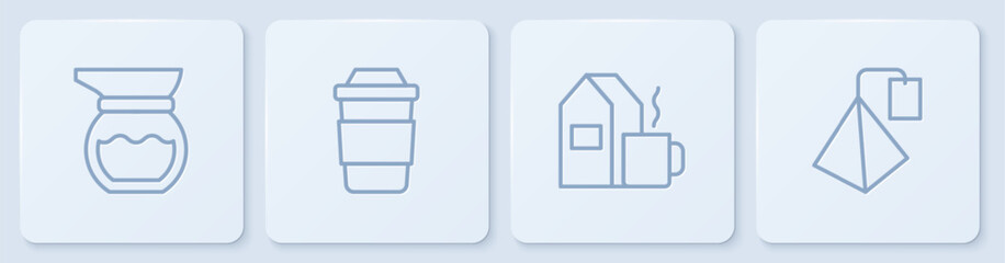 Set line Teapot, Cup of tea with milk, and bag. White square button. Vector