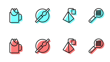 Set line Tea bag, Cup of tea with rose, Cigarette and strainer handle icon. Vector