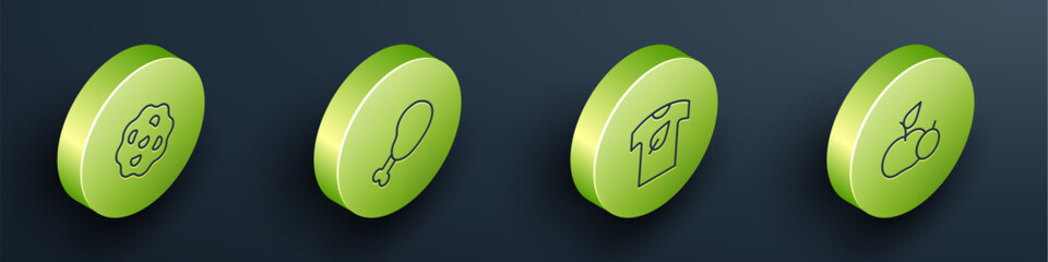 Set Isometric line Cookie or biscuit, Chicken leg, Vegan shirt and Apple icon. Vector
