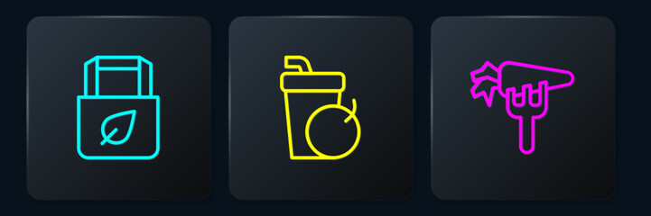 Set line Shopping bag with recycle, Carrot and Fresh smoothie. Black square button. Vector