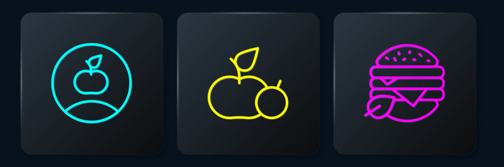 Set line Apple, Vegan food diet and . Black square button. Vector