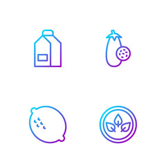 Set line Vegan food diet, Lemon, Paper package for milk and Eggplant. Gradient color icons. Vector