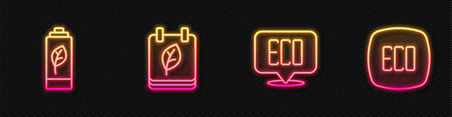 Set line Leaf Eco symbol, nature leaf battery, Calendar with autumn leaves and . Glowing neon icon. Vector