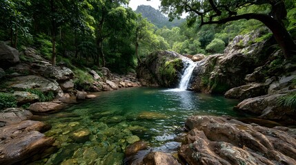 Serene and picturesque waterfall cascading over moss-covered rocks into a clear, tranquil pool in the heart of a lush, dense rainforest, showing gentle motion.