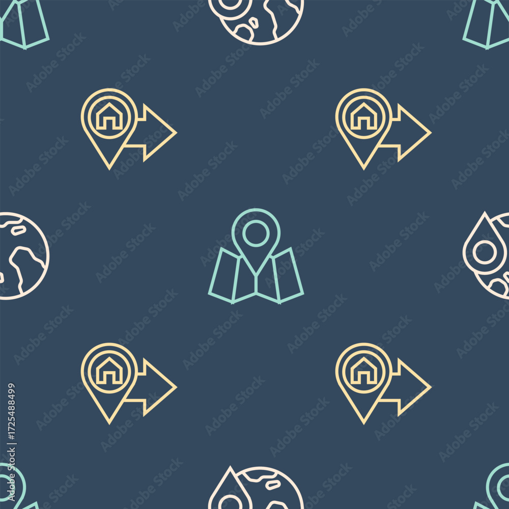 Aufkleber set line location on the globe, with house and folded map location marker on seamless pattern. vecto