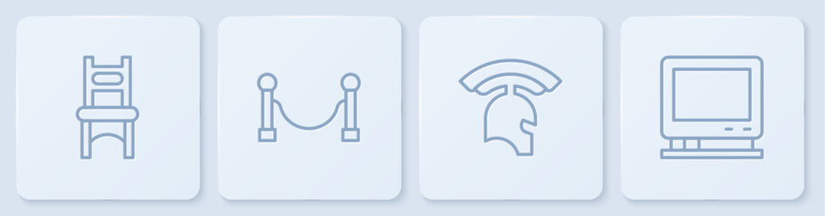 Set line Chair, Roman army helmet, Rope barrier and Retro tv. White square button. Vector