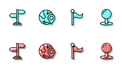 Set line Flag, Road traffic sign, Location on the globe and Push pin icon. Vector