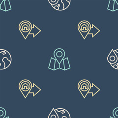 Set line Location on the globe, with house and Folded map location marker on seamless pattern. Vector