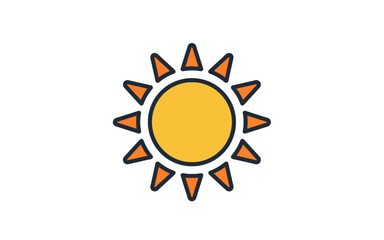 Fototapeta premium A simple, stylized illustration of a bright yellow sun with orange triangular rays against a white background.