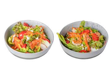 Salads in Bowls: Two vibrant bowls, bursting with fresh ingredients and flavors, present a feast for the eyes, embodying the essence of wholesome, delicious cuisine.