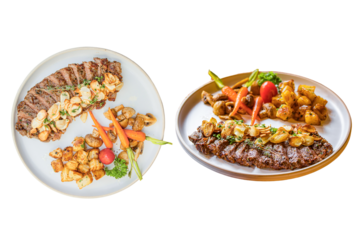Grilled Steak Cuisine: This image captures a delectable shot of grilled steak, accompanied by various side dishes arranged on a plate. A mouthwatering display of culinary excellence.