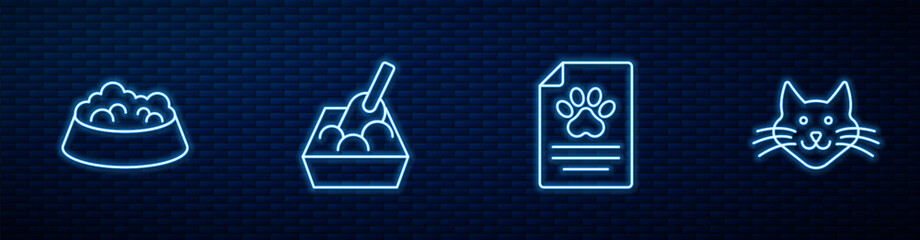 Set line Medical clinical record pet, Pet food bowl for cat dog, Cat litter tray with shovel and . Glowing neon icon on brick wall. Vector