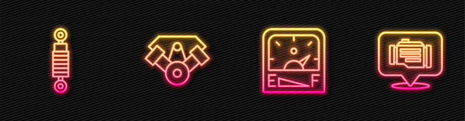 Set line Motor gas gauge, Shock absorber, Power car engine and Check. Glowing neon icon. Vector