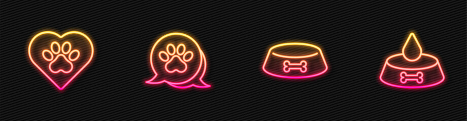 Set line Pet food bowl for cat or dog, Heart with animals footprint, Paw and . Glowing neon icon. Vector