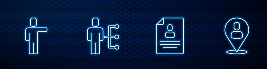 Set line Resume, Head hunting, User of man business suit and Worker location. Glowing neon icon on brick wall. Vector