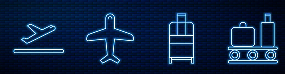 Set line Suitcase, Plane takeoff, Plane and Airport conveyor belt with suitcase. Glowing neon icon on brick wall. Vector