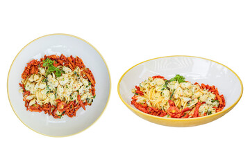 Delectable Pasta Dish: Two plates, each meticulously displaying a vibrant pasta arrangement, capture the essence of culinary artistry and a sensory experience.
