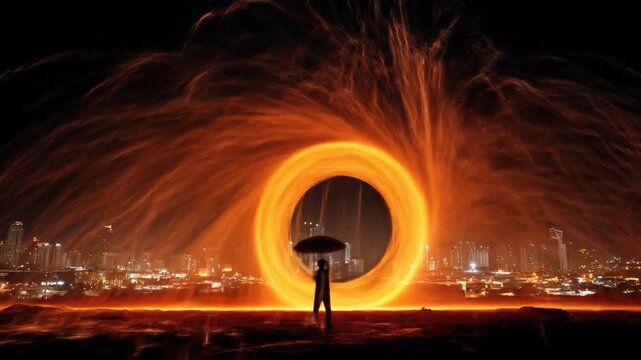 Fiery ring surrounds city at night. A person with an umbrella stands in the foreground