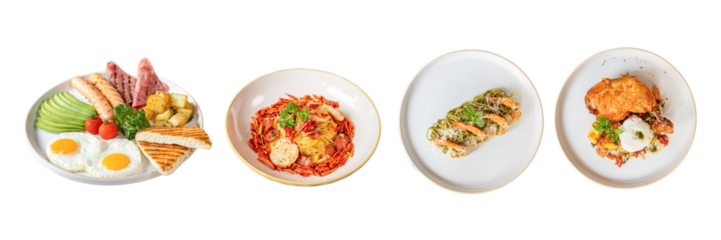 Gourmet Culinary Array: A delightful selection of diverse dishes, meticulously arranged on pristine plates, showcasing a vibrant feast of flavors and textures, perfect for culinary projects.