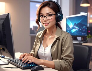 Woman gamer at computer
