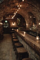 Fototapeta premium Cozy rustic bar with brick arches and dim lighting.
