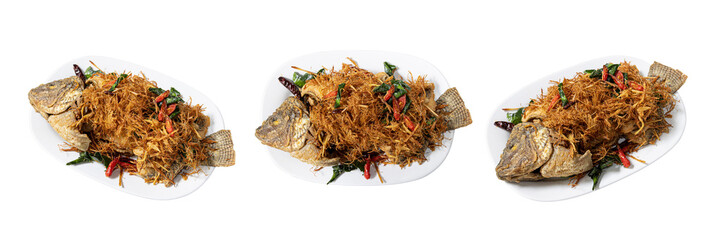 Golden Fried Fish Feast: An overhead view presents a trio of exquisitely plated fried fish dishes, their golden-crisp exteriors and appetizing presentations evoking a sense of culinary delight. 