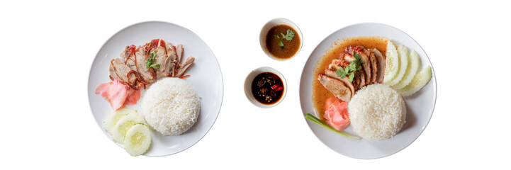 Delectable Culinary Duo: Two plates showcasing an appetizing array of beautifully arranged rice and savory duck, accompanied by tempting dipping sauces, offer a feast for the eyes and the palate.