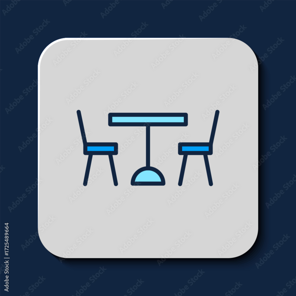 Poster filled outline picnic table with chairs on either side of the table icon isolated on blue background