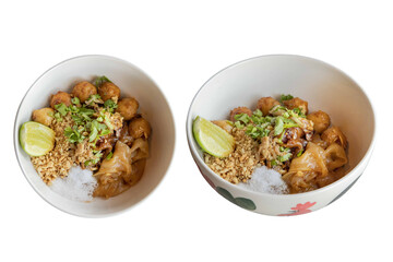 Delicious Thai Noodles in Bowl: Appetizing Thai noodles, artfully arranged in elegant bowls, complete with flavorful ingredients, offering a taste of authentic culinary art.