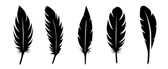 Feather on white background. Bird feather black silhouettes. Set of feather icons.