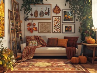 A comfy living room with a couch, ladder, and fall decorations.
