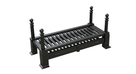 Classic Black Cast Iron Fire Grate with Decorative Finials, Traditional Fireplace Accessory Isolated on White Background