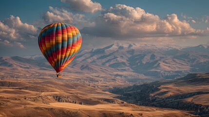 Obraz premium Single, colorful hot air balloon gracefully floats over a surreal, rolling landscape of Cappadocia during a beautiful sunrise. The sky is filled with soft clouds and light.