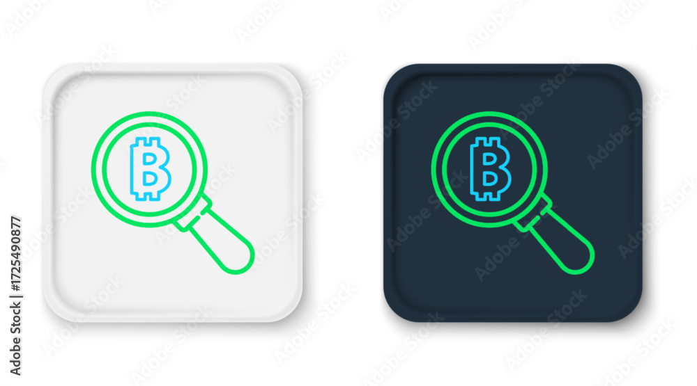 Poster line magnifying glass with bitcoin icon isolated on white background. physical bit coin. blockchain 