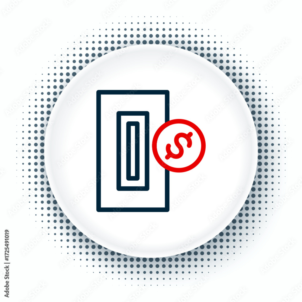 Poster line hand inserting coin to a slot on a vending machine or arcade machine icon isolated on white bac