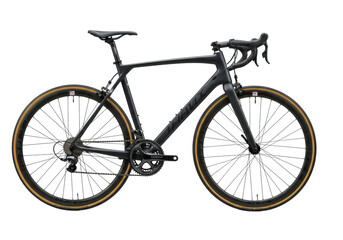 Obraz premium Matte black carbon fiber road bicycle, integrated features, disc brakes, aero wheels, isolated on transparent studio, advanced cycling technology concept.