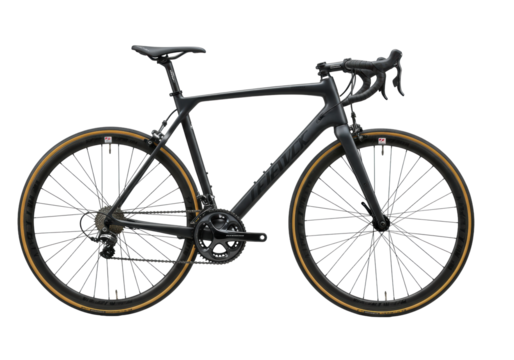 Matte black carbon fiber road bicycle, integrated features, disc brakes, aero wheels, isolated on transparent studio, advanced cycling technology concept.