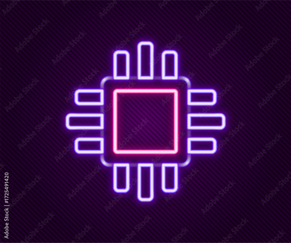 Poster glowing neon line computer processor with microcircuits cpu icon isolated on black background. chip 