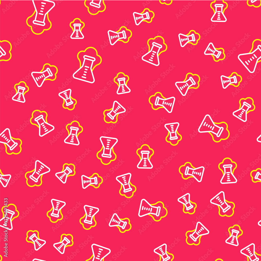 Poster line chemical experiment, explosion in the flask icon isolated seamless pattern on red background. c