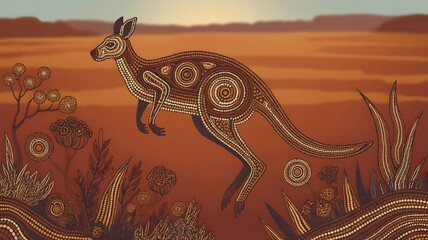 Stunning aboriginal artwork featuring a kangaroo in the outback, perfect for adding a unique cultural touch to your next project or design with rich colors