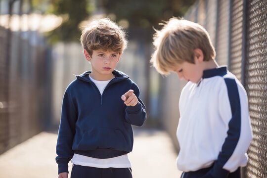 Young boy pointing at classmate who looks down sadly on school grounds. Conceptual image representing childhood bullying, peer pressure, or emotional conflict at school