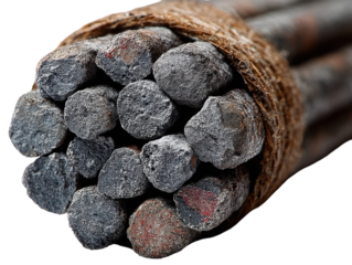 Close-Up View of Bundled Blackened Sticks Tied Together, Highlighting Textures and Natural Materials in an Artistic Composition on transparent background