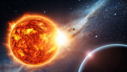 exploding star or fiery sun in space with nebula and planets star sun space nebula cosmos astronomy