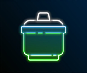 Glowing neon line Cooking pot icon isolated on black background. Boil or stew food symbol. Colorful outline concept. Vector
